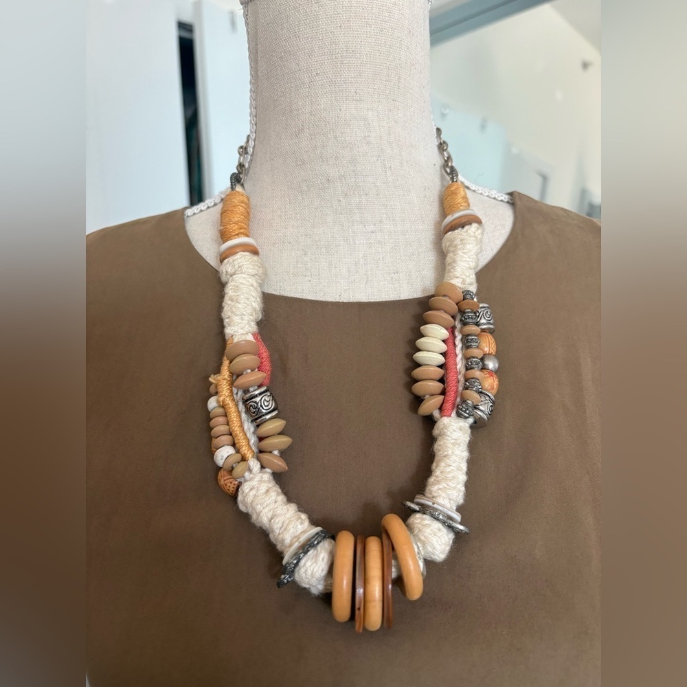 Handcrafted Artisan Necklace Made With Wood, Shells & Woven Chord.